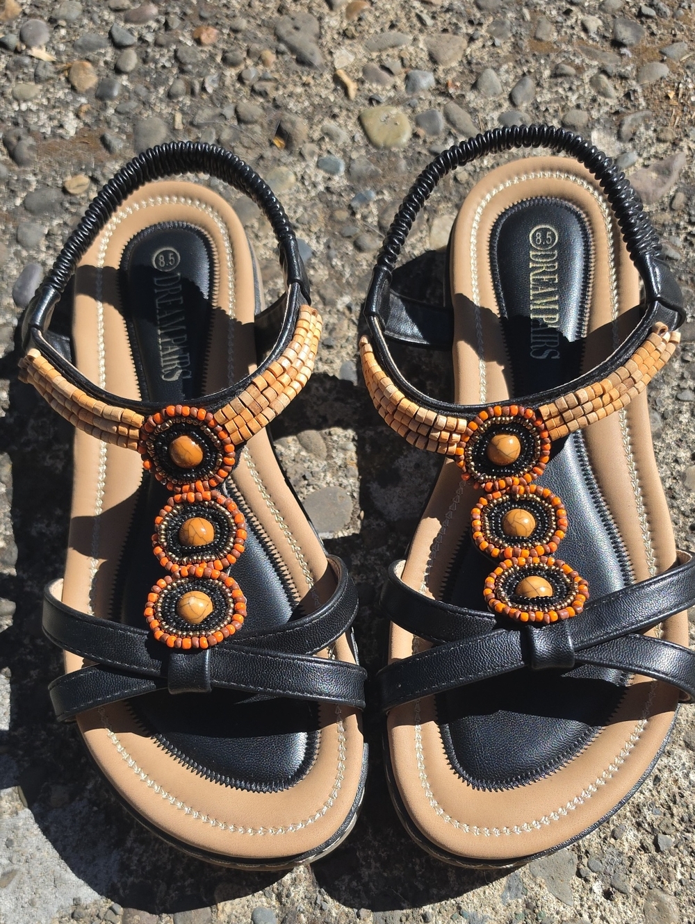Dream Pairs Black Sandals with Orange Beaded Medallions and Tan Insole